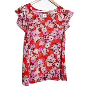 Cabi Red Floral Cold Shoulder Ruffle Sleeve V Neck Blouse Women's Size M